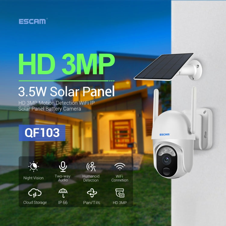ESCAM QF103 3MP Cloud Storage PT WIFI PIR Alarm IP Camera with Solar Panel Battery Support Full Color Night Vision & Two Way Audio, QF103 ESCAM QF103 3MP Cloud Storage PT WIFI PIR Alarm IP Camera with Solar Panel Battery Support Full Color Night Vision & Two Way Audio, QF103
